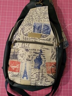 Canvas Mini Sling Bag with Postcard Print - Blue/Red/Navy